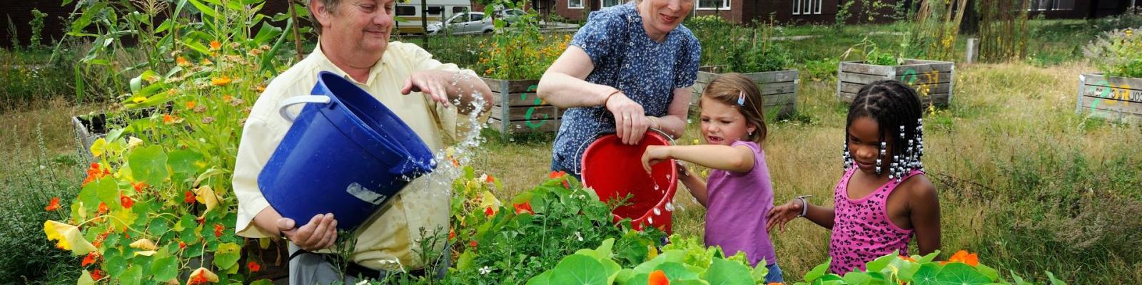 Volwassenen en kinderen in een moestuin