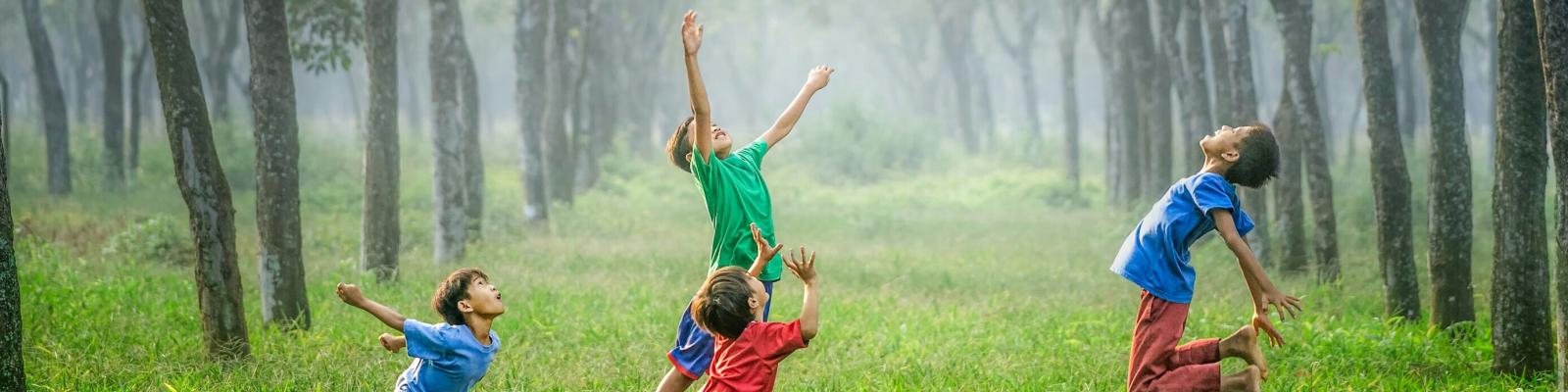 Kinderen spelen in het bos.